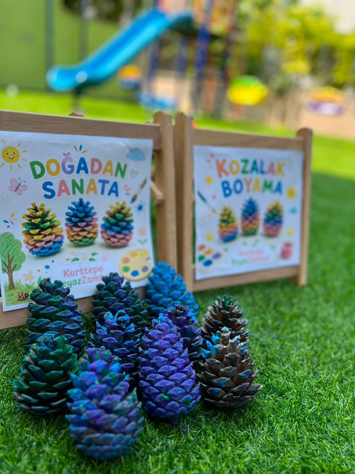 Beyaz Zambak bahçesinde boyanmış kozalaklarla doğadan sanata etkinliği